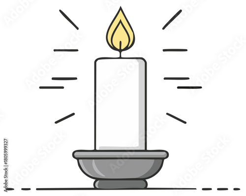 Glowing candle flame on metal holder with light rays vector illustration