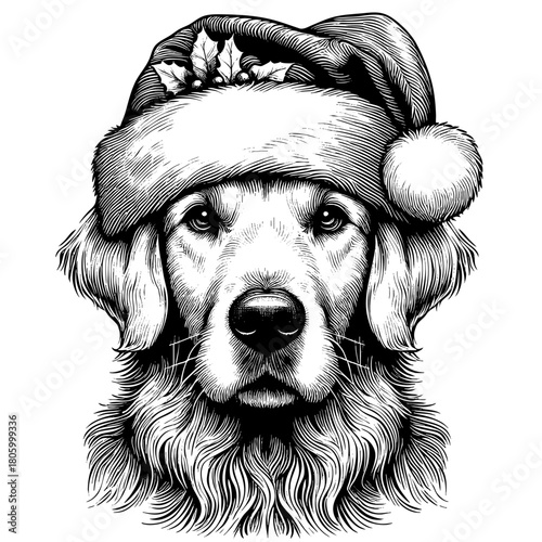 Hand drawn cute Labrador Retriever wearing a Santa hat, vector sketch isolated on white background, SVG vector	
