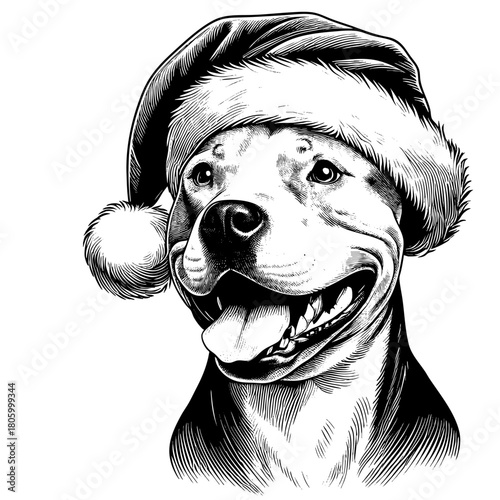 Hand drawn cute Pit Bull wearing a Santa hat, vector sketch isolated on white background, SVG vector