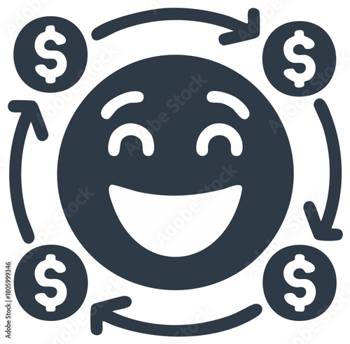 Smiling Face with Dollar Coins and Arrows Circulating, Financial Wellness