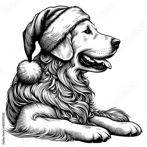 Hand drawn cute Labrador Retriever wearing a Santa hat, vector sketch isolated on white background, SVG vector	