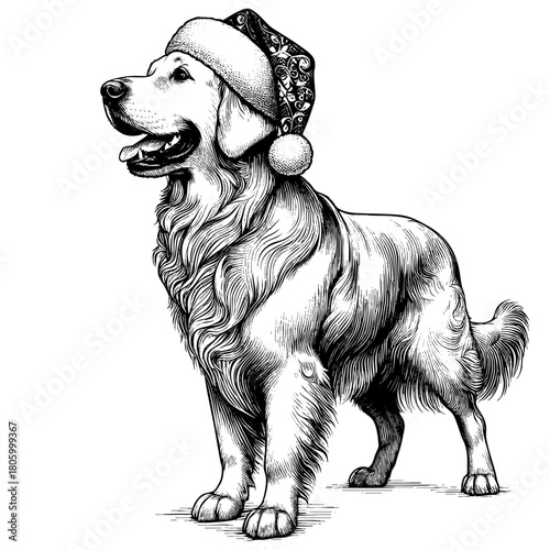 Hand drawn cute Labrador Retriever wearing a Santa hat, vector sketch isolated on white background, SVG vector	