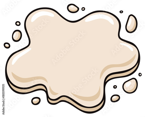 Cartoon style illustration of a creamy liquid splash or spill with shiny droplets