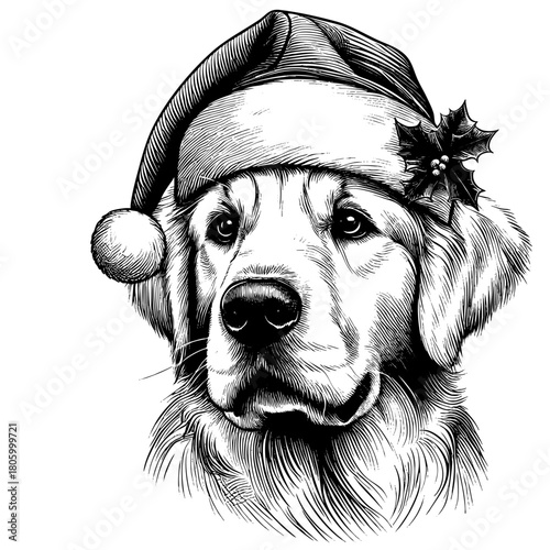Hand drawn cute Labrador Retriever wearing a Santa hat, vector sketch isolated on white background, SVG vector	