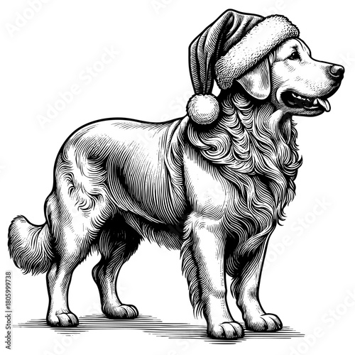 Hand drawn cute Labrador Retriever wearing a Santa hat, vector sketch isolated on white background, SVG vector	