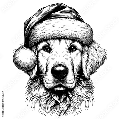 Hand drawn cute Labrador Retriever wearing a Santa hat, vector sketch isolated on white background, SVG vector	