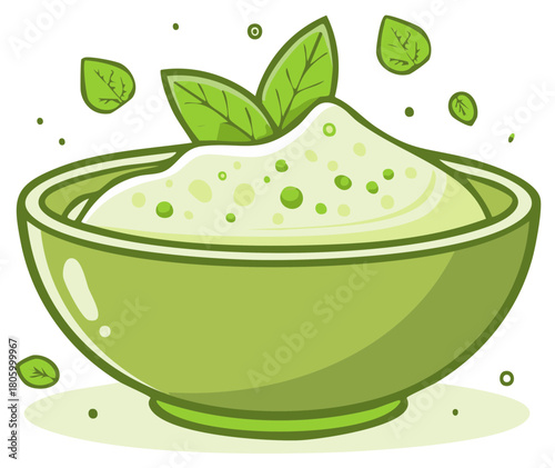 Fresh Creamy Green Dip or Dessert in a Bowl Topped with Organic Leaves Vector Art