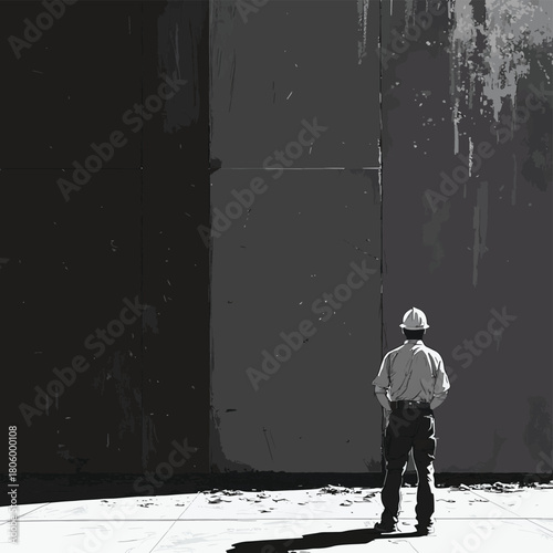 Worker pausing to reflect at charred memorial wall, moment of silence, grayscale mood, Cinematic Scene  , vector style simple color