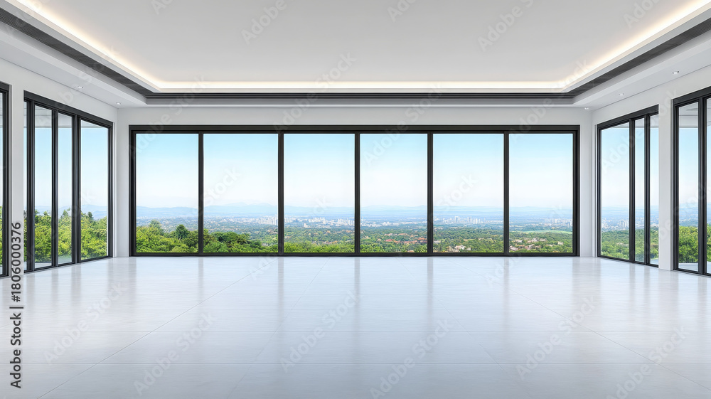 Fototapeta premium Spacious modern living room with panoramic windows, city view, minimalist style, bright