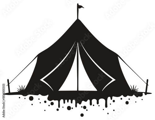 Stylized Tent Silhouette with Flag on Top for Circus or Camping Themes Depicted in Black and White Graphics