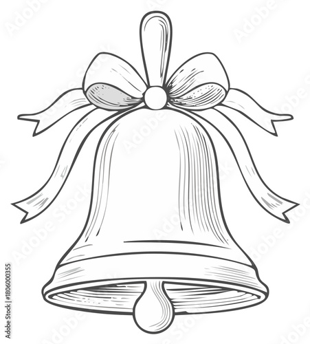 Engraving style Christmas celebration bell with bow and ribbon traditional holiday decor