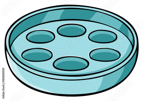 Illustration of a blue tray with six circular compartments for organizing small items or samples
