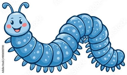 Cartoon Blue Centipede with Spots, Antennae, Cute Eyes and Big Smile