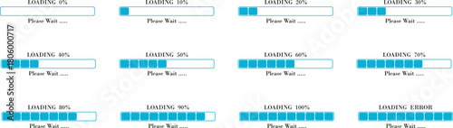 Loading Bar Please Wait Progress Icon set. Graphic Design Elements for Web, App, or Download Process with Please Wait Text. Percentage loading bar infographic icon. Load,Download indicator sign.