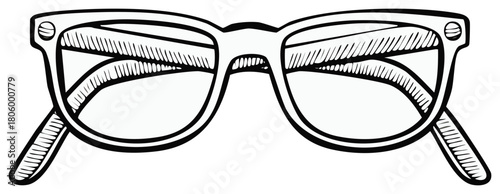 Hand drawn black and white sketch of classic eyeglasses with thick rims and textured temples