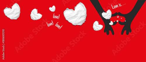 Romantic vector background: crumpled paper hearts and hand silhouettes forming a heart on a bright red background. Perfect for Valentine's Day, greetings, love posts, and banners.