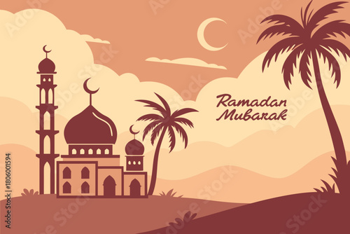 Golden-hour Islamic village landscape with palm trees, sunset sky, detailed architecture, “Ramadan Mubarak” calligraphy glowing softly