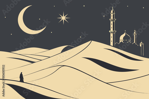 Peaceful sandy dunes with gentle shadows, illuminated crescent and star in sky, distant minaret shining with warm light