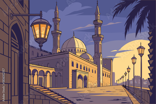 Realistic old Islamic cityscape with lantern-lit streets, evening sky gradient, decorative Ramadan lights across rooftops