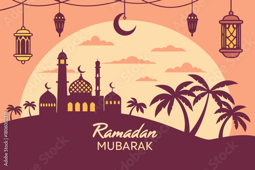 Traditional Middle Eastern town with warm lantern glows, detailed archways, sunset horizon, Ramadan Mubarak banner lighting