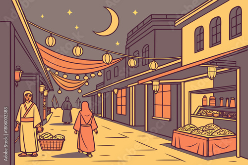 Traditional bazaar street at evening with hanging lights, warm golden atmosphere, Ramadan decorations glowing