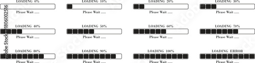 Loading Bar Please Wait Progress Icon set. Graphic Design Elements for Web, App, or Download Process with Please Wait Text. Percentage loading bar infographic icon. Load,Download indicator sign.