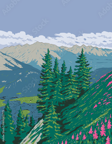 WPA style ukiyo-e or ukiyo illustration of Berchtesgaden Alps viewed from Kehlstein in Berchtesgaden National Park, Bavaria, Germany done in retro works project administration style.