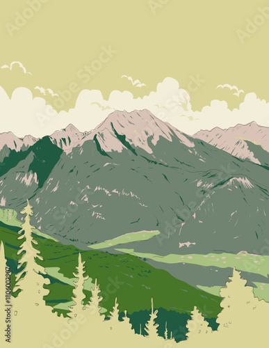 WPA style ukiyo-e or ukiyo illustration of Berchtesgaden Alps viewed from Kehlstein on the Goll massif in Berchtesgaden National Park Bavaria, Germany done in retro works project administration style.