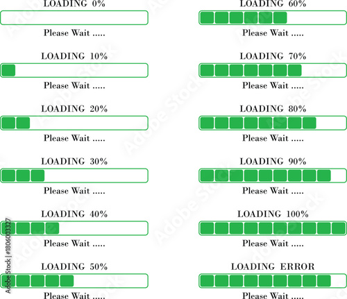 Loading Bar Please Wait Progress Icon set. Graphic Design Elements for Web, App, or Download Process with Please Wait Text. Percentage loading bar infographic icon. Load,Download indicator sign.