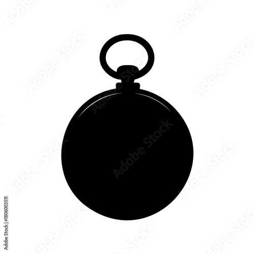 Antique black pocket watch with ring on a white background silhouette