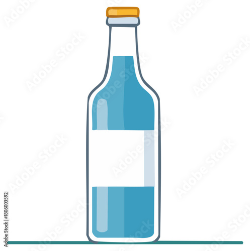 Illustration of a glass bottle containing water with a blank white label, drink concept