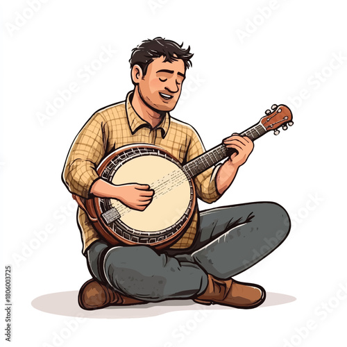 Man playing banjo sitting on the floor with eyes closed