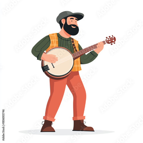 Man playing banjo focused on music joyful expression relaxed posture autumnal colors folk music style
