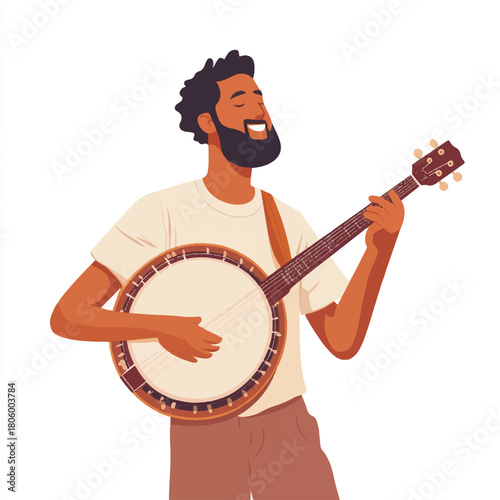 Man Playing Banjo with Joyful Expression