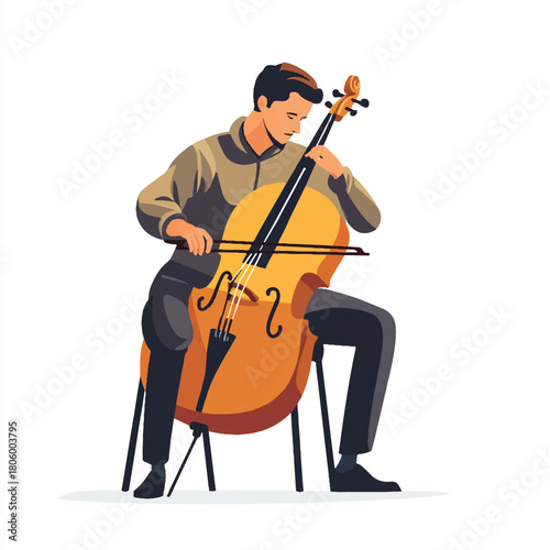Man playing cello sitting on a chair.