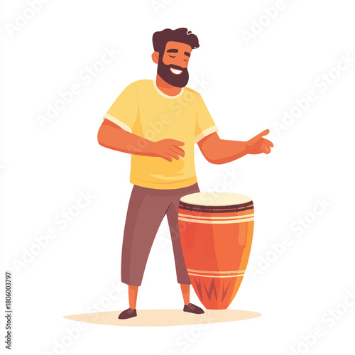 Man playing conga drum with enthusiasm.
