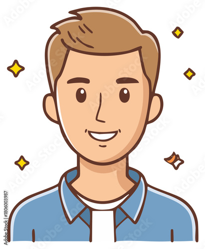 Smiling cartoon man with short hair and sparkling stars around him in a blue shirt, illustration