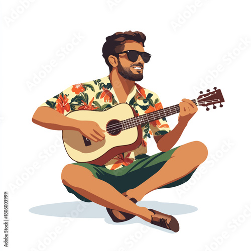 Man playing ukulele in tropical shirt and sunglasses sitting crosslegged