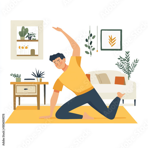 Man practicing yoga in a comfortable home setting