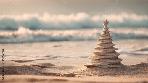 Fototapeta Naklejka Na Ścianę i Meble -  Sand christmas tree on the beach with ocean waves in the background during a warm sunset