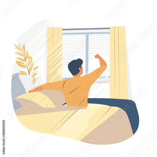 Man Stretching in Bed After Waking Up.