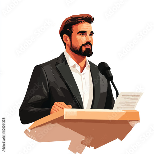 Man speaking at a podium delivering a speech with microphone.