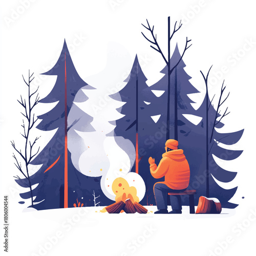 Man warming himself by a campfire in snowy forest