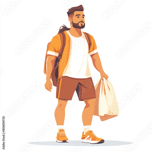 Man with backpack and bag ready for travel looking forward to adventure.
