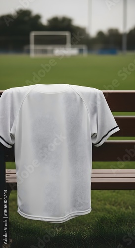 White baseball jersey hanging on a bench with a blurred soccer field in the background