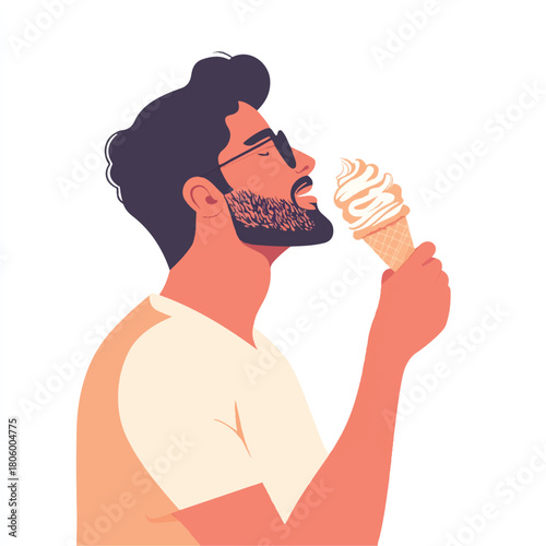 Man with beard and sunglasses enjoying ice cream cone