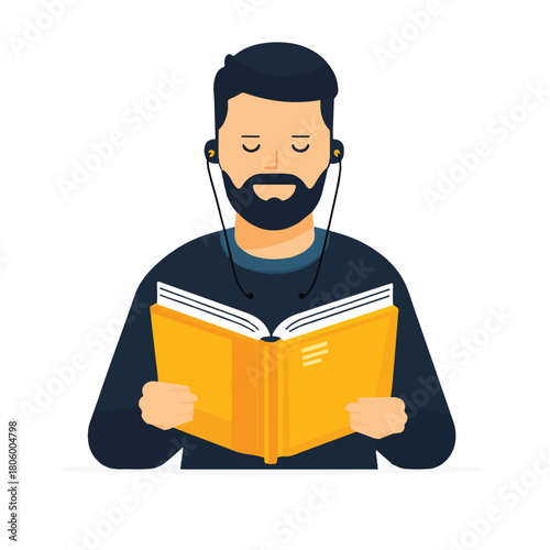 Man with beard attentively reading a book.