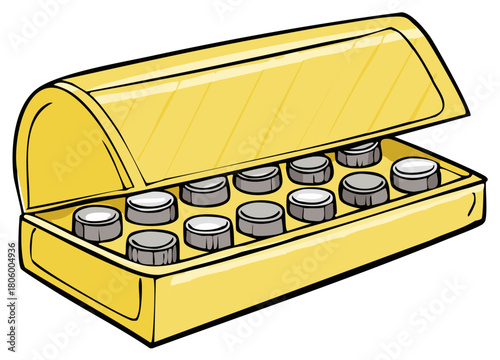 Cartoon illustration of an open yellow box storing twelve medicine vials