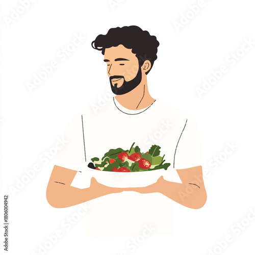 Man with Beard Holding Bowl of Salad