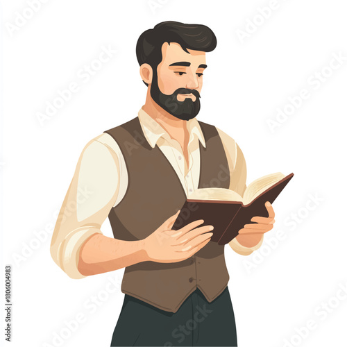 Man with beard reading a book in a focused and intellectual manner